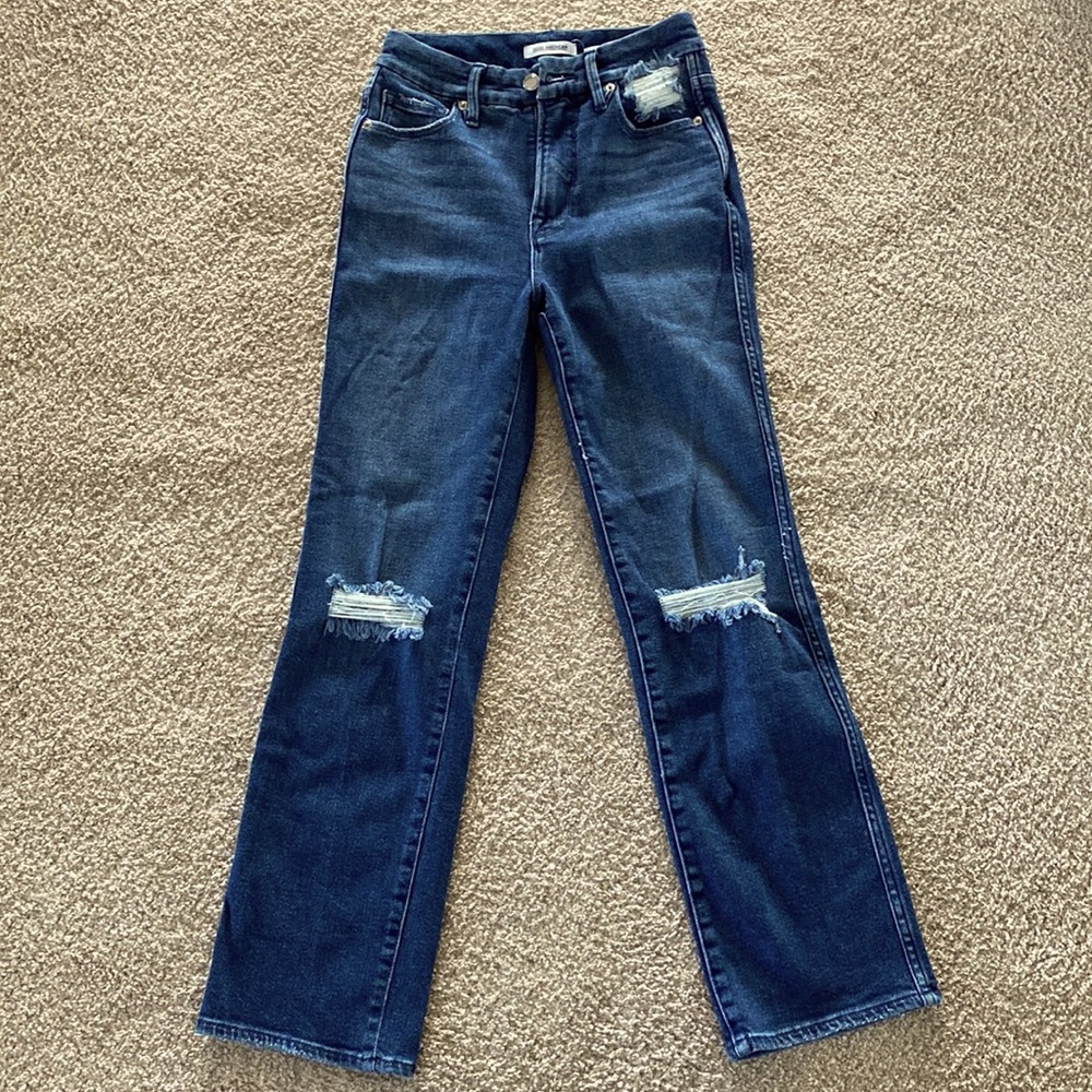 Good American Dark Blue Distressed Boot Cut Jeans